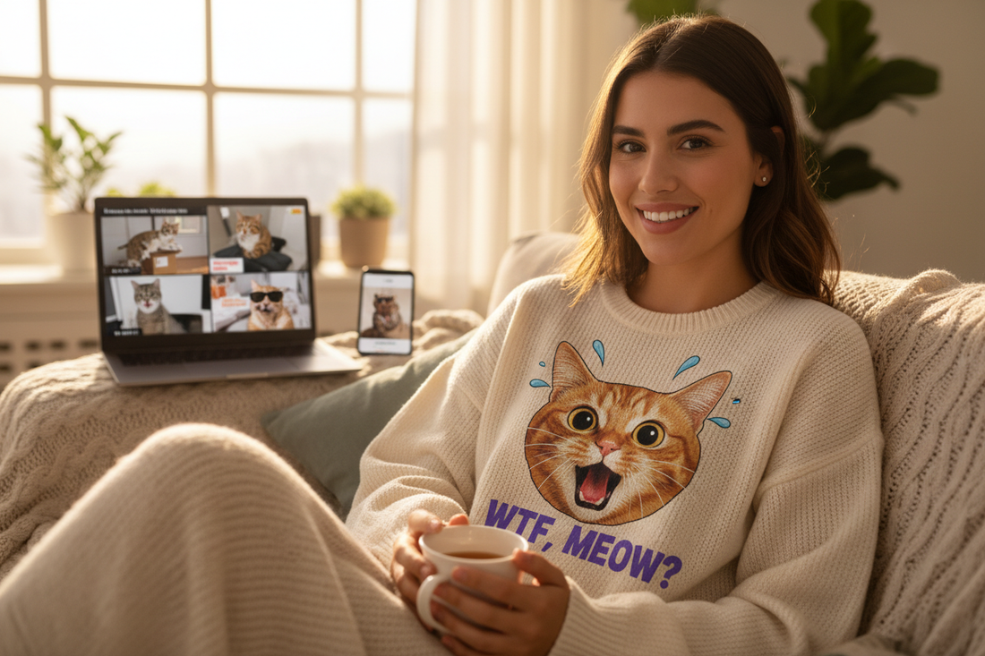 Bild mit einer Frau auf dem Sofa und einem Katze-Pullover